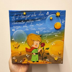 Tela 20cm x 20cm piccolo principe con rosa