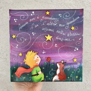 Tela 20cm x 20cm piccolo principe, volpe, rosa e stelline