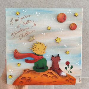 Tela 20cm x 20cm piccolo principe pianeti, rosa e volpe di spalle