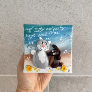 Tela 10cm x 10cm animali - gattino e cagnolino e margherite