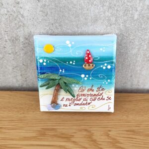 Tela 10cm x 10cm mare - palma e barchetta