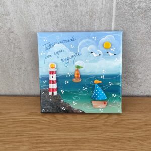 Tela 20cm x 20cm mare - barchette, faro e gabbiani