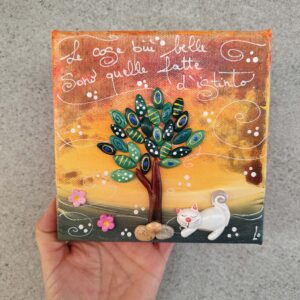 Tela 15cm x 15cm animali - gattino e alberello