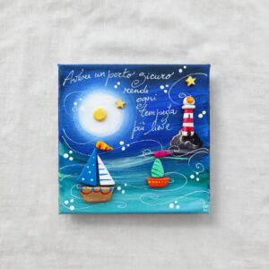 Tela 15cm x 15cm mare - barchette e faro
